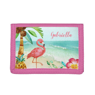 Tropical Beach Flamingo Personalized Kids Tri-fold Wallet