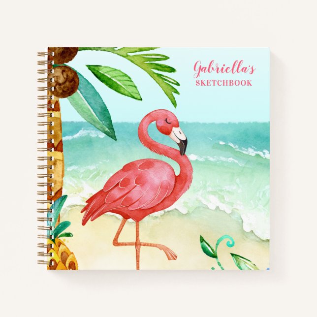 Tropical Beach Flamingo Personalized Sketchbook Notebook (Front)