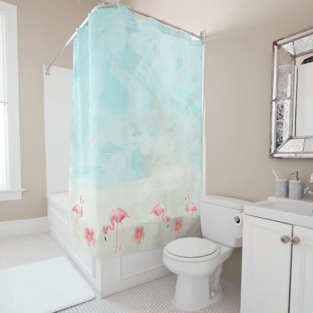 Tropical Beach Flamingo Shower Curtain (In Situ)
