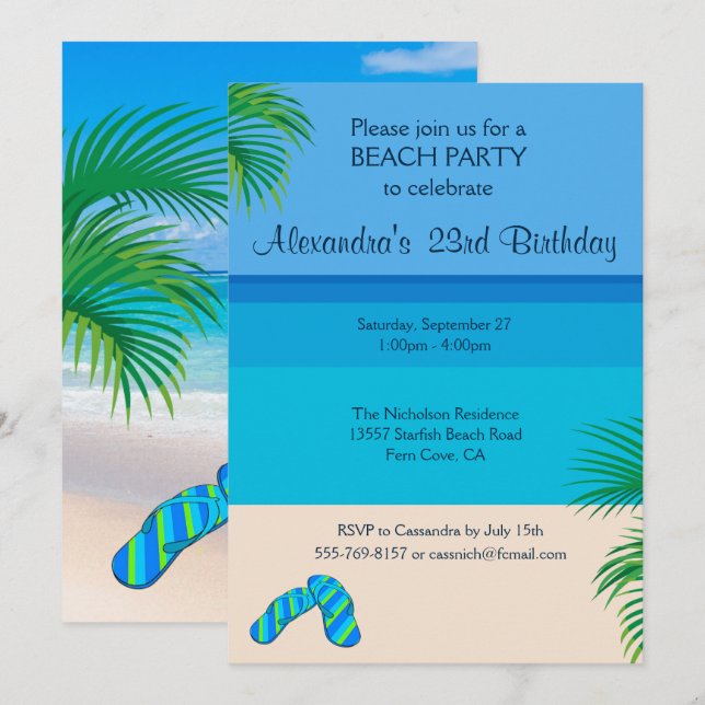 Tropical Beach & Flip Flops Birthday Party Invitation (Front/Back)