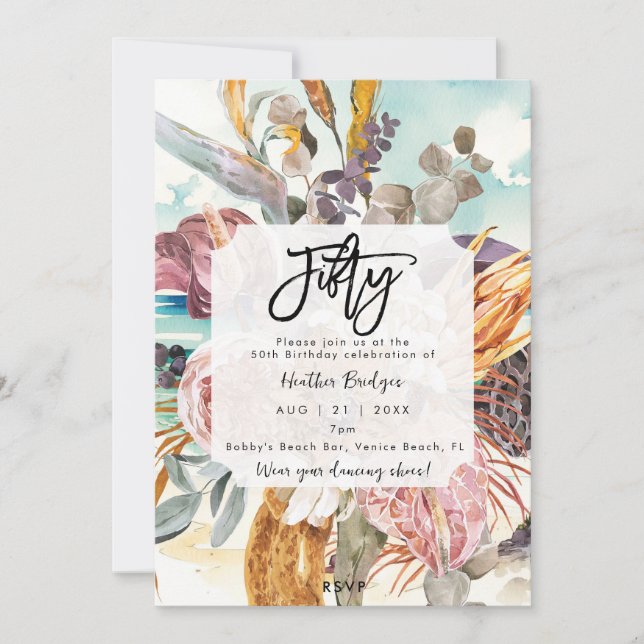 Tropical beach floral 50th birthday party invitation (Front)