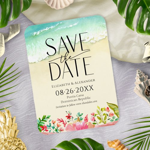 Tropical Beach Floral Calligraphy Save the Date Magnet