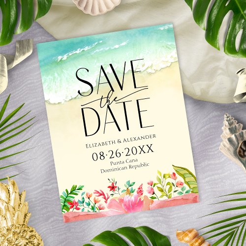 Tropical Beach Floral Calligraphy Save the Date Postcard