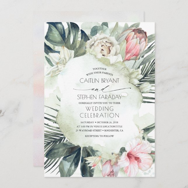 Tropical Beach Floral Greenery Foliage Wedding Invitation (Front/Back)