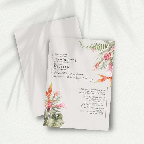 Tropical Beach Floral Ivory Wedding Rose Gold Foil Invitation