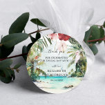 Tropical Beach Floral Palm Wedding Favor Classic Round Sticker<br><div class="desc">Add a special touch to envelopes, goodie bags, handmade treats, and more with our elegant tropical stickers. Add your custom wording to this design by using the "Edit this design template" boxes on the right hand side of the item, or click the blue "Customize it" button to arrange the text,...</div>