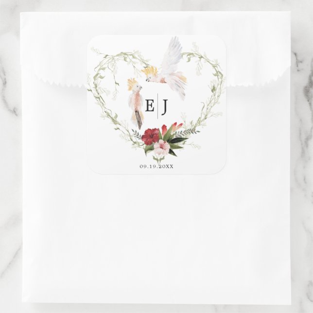 Tropical Beach Floral Palm Wedding Favor Square Sticker (Bag)