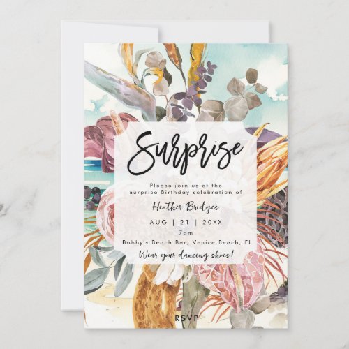 Tropical beach floral surprise birthday party invitation