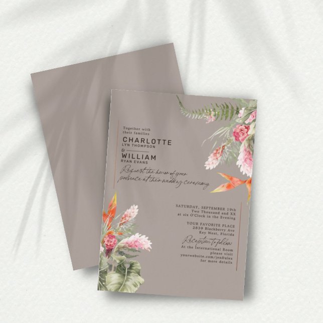 Tropical Beach Floral Taupe Wedding Gold Foil Foil Invitation (Creator Uploaded)