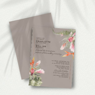Tropical Beach Floral Taupe Wedding Gold Foil Invitation