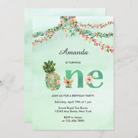 Tropical Beach Floral Watercolor First Birthday Invitation