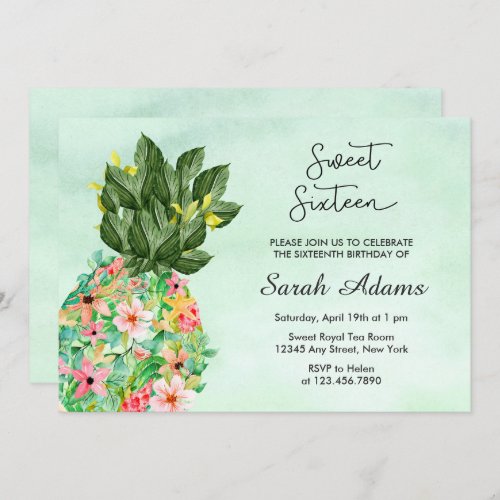 Tropical Beach Floral Watercolor Sweet 16 Invitation