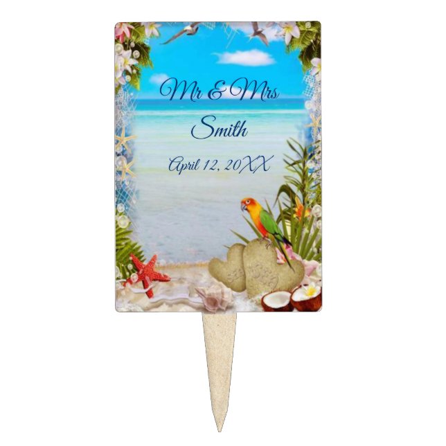 Tropical Beach Floral Wedding Cake Topper (Front)