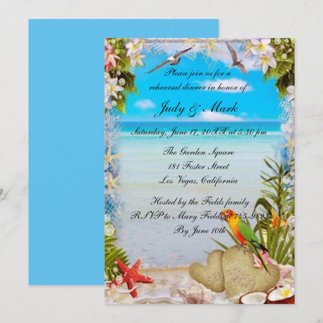 Tropical Beach Floral Wedding Rehearsal Dinner Invitation (Front/Back)