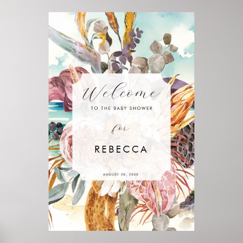 tropical beach florals baby shower sign poster
