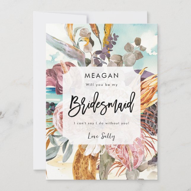 tropical beach florals bridesmaid proposal card (Front)