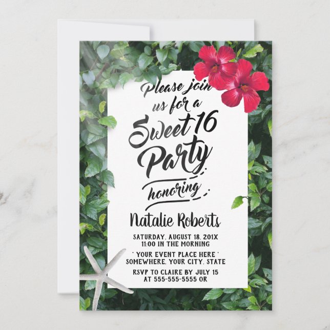 Tropical Beach Flower & Starfish Sweet 16 Birthday Invitation (Front)