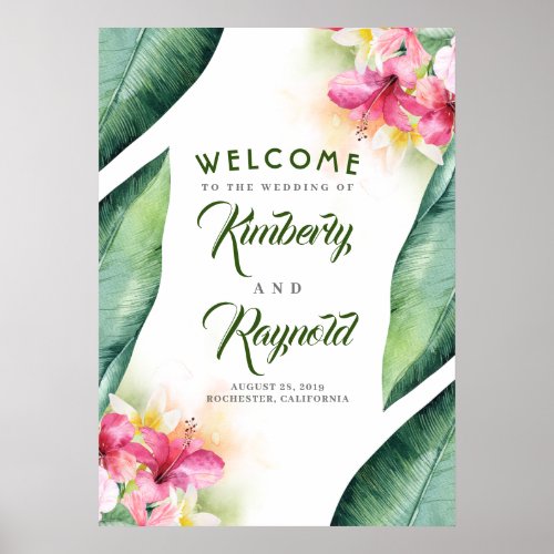 Tropical Beach Flowers and Palm Leaf Welcome Sign