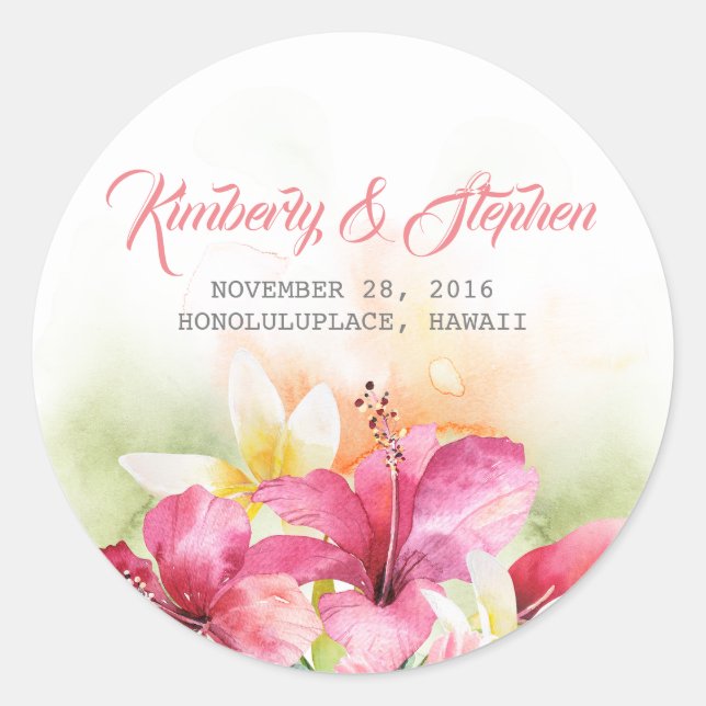 Tropical Beach Flowers Wedding Classic Round Sticker (Front)