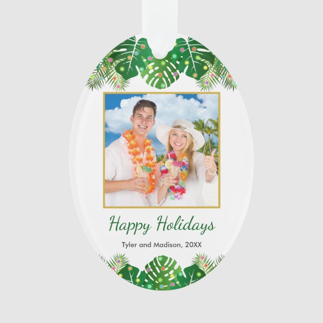 Tropical Beach Foliage Christmas Lights Gold Photo Ornament (Front)