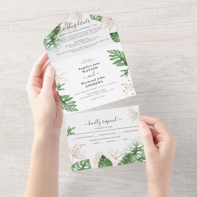 Tropical Beach Foliage & Gold Elegant Wedding All In One Invitation (Tearaway)
