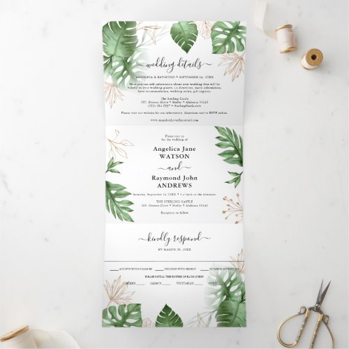 Tropical Beach Foliage  Gold Elegant Wedding Tri_Fold Invitation