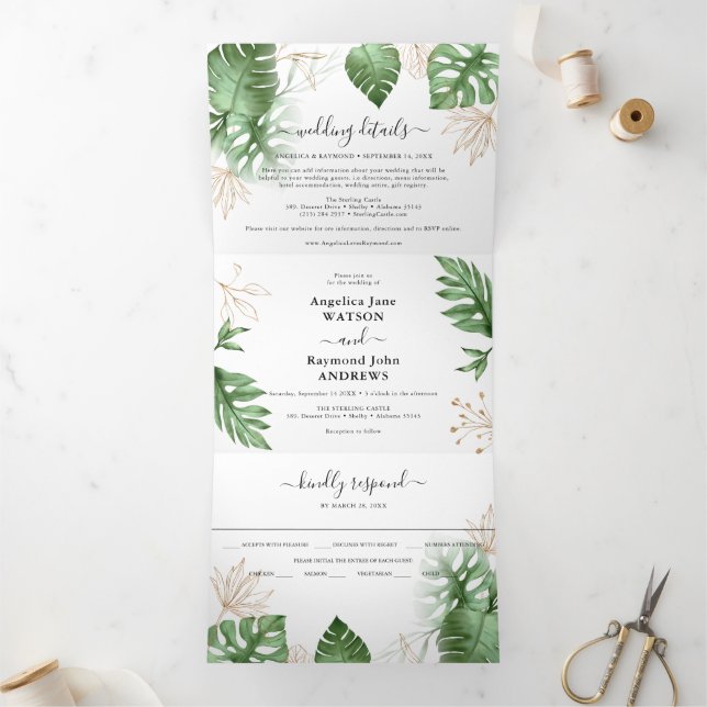 Tropical Beach Foliage & Gold Elegant Wedding Tri-Fold Invitation (Inside)