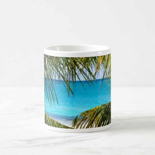 Tropical Beach framed with Palm Fronds Coffee Mug