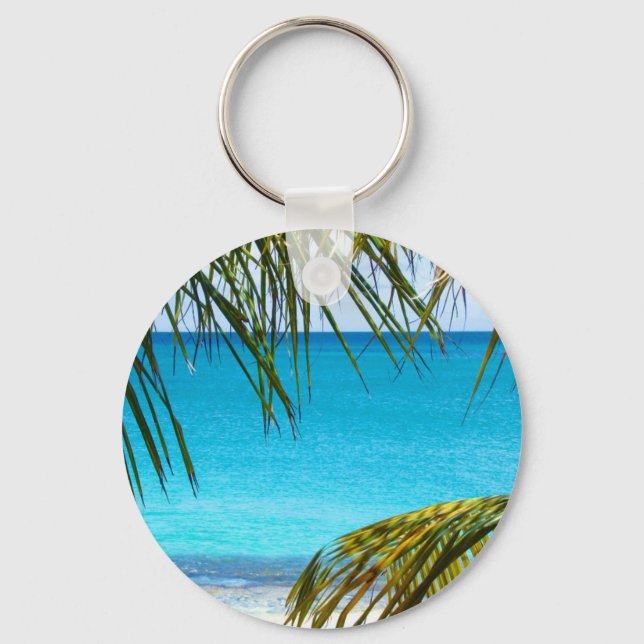 Tropical Beach framed with Palm Fronds Keychain (Front)