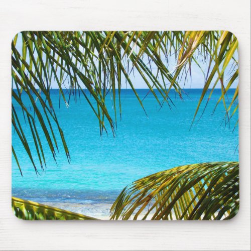 Tropical Beach framed with Palm Fronds Mouse Pad