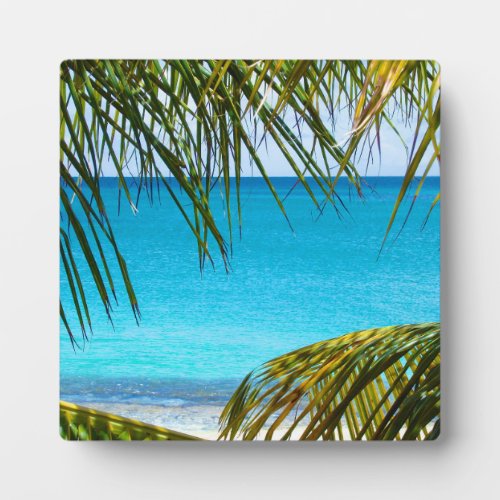 Tropical Beach framed with Palm Fronds Plaque