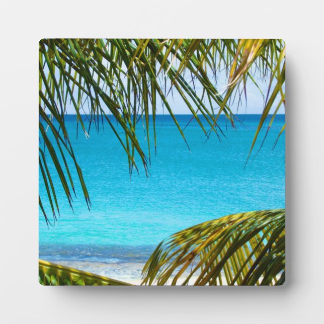 Tropical Beach framed with Palm Fronds Plaque (Front)