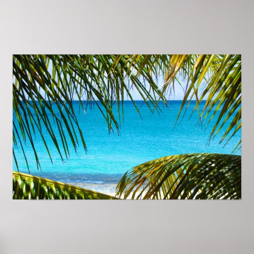 Tropical Beach framed with Palm Fronds Poster