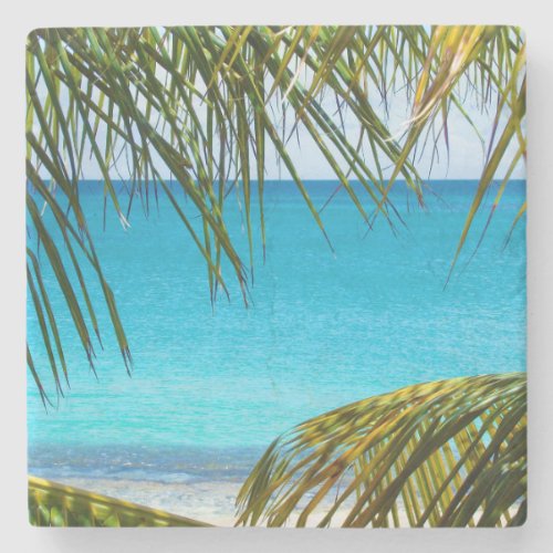 Tropical Beach framed with Palm Fronds Stone Coaster