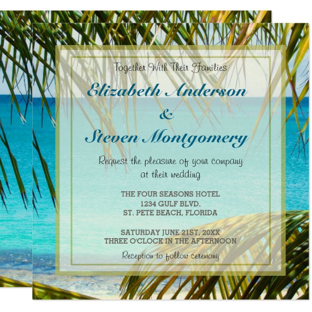 Tropical Beach Framed With Palm Fronds Wedding Invitation