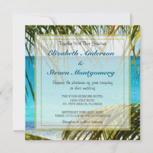 Tropical Beach framed with Palm Fronds Wedding Invitation