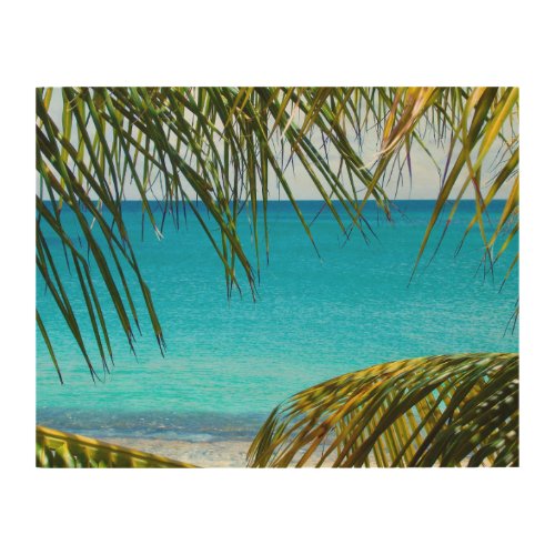 Tropical Beach framed with Palm Fronds Wood Wall Decor