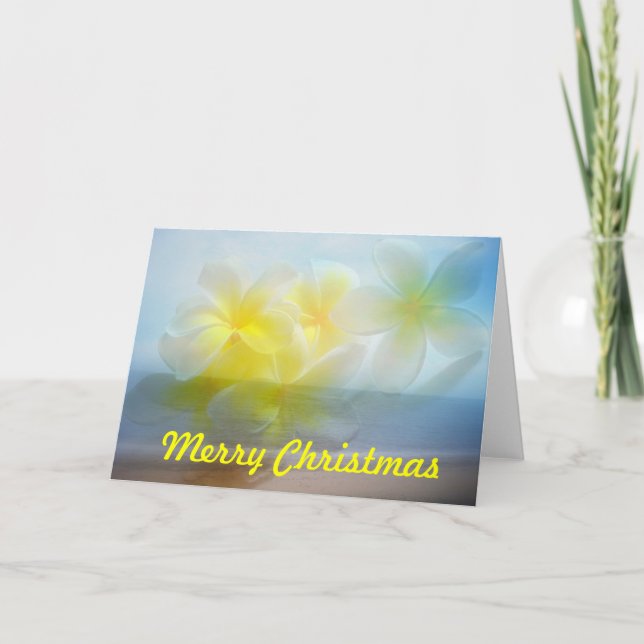 Tropical beach frangipani Merry Christmas Card (Front)
