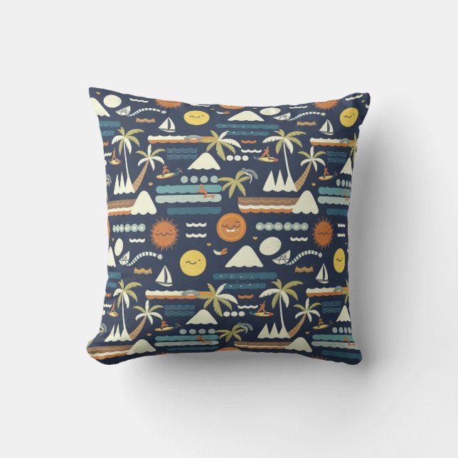 Tropical Beach Fun Pattern Throw Pillow (Front)