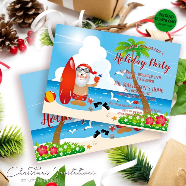 Tropical Beach Funny Santa Claus Christmas Party Invitation (Creator Uploaded)