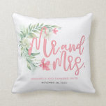 Tropical Beach Garden House Just Married Couple's Throw Pillow<br><div class="desc">Tropical floral beach style typography pillow for Mr. and Mrs.</div>