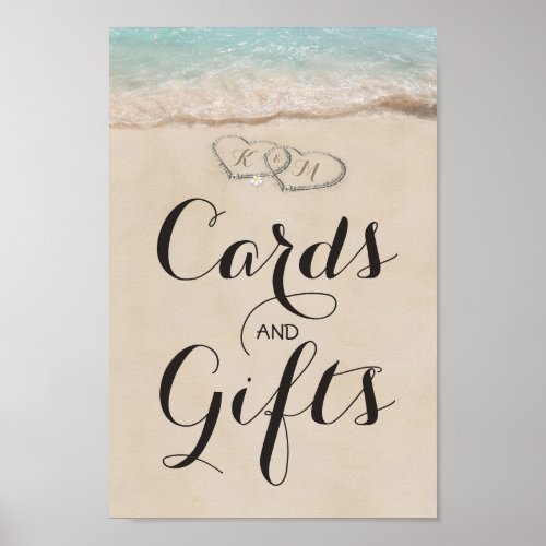 Tropical Beach Gifts & Cards Wedding Poster - Personalized wedding party sign featuring a summer tropical ocean island background, a vintage sandy beach with two hearts in the shoreline, your initials, and the words "cards and gifts".