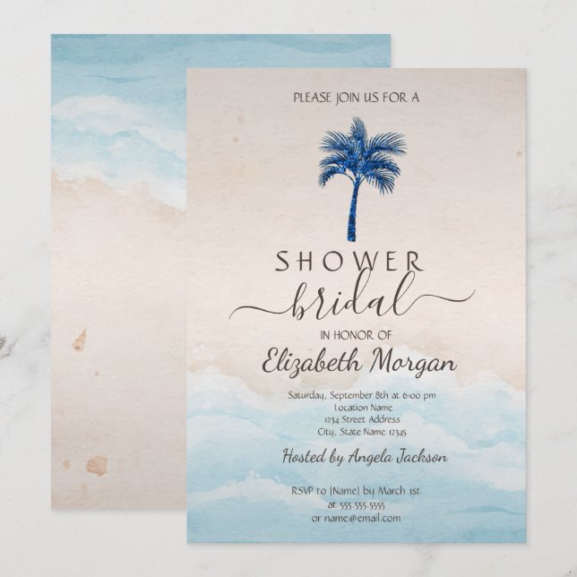 Tropical Beach Glitter Palm Bridal Shower Invitation (Front/Back)