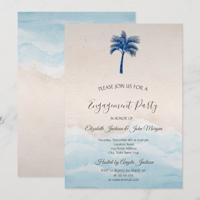 Tropical Beach Glitter Palm Engagement   Invitation (Front/Back)