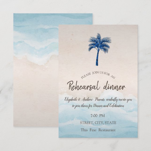 Tropical Beach Glitter Palm Rehearsal Dinner  Invitation (Front/Back)