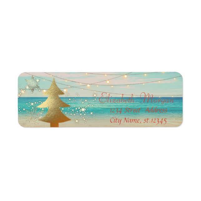 Tropical,Beach,Gold Christmas Tree, Snowflakes Label (Front)