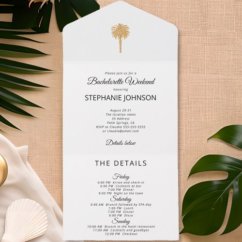 Tropical Beach Gold Palm Destination Bachelorette All In One Invitation