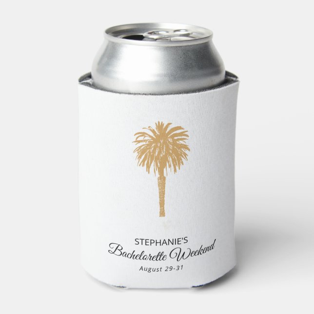Tropical Beach Gold Palm Destination Bachelorette Can Cooler (Can Front)