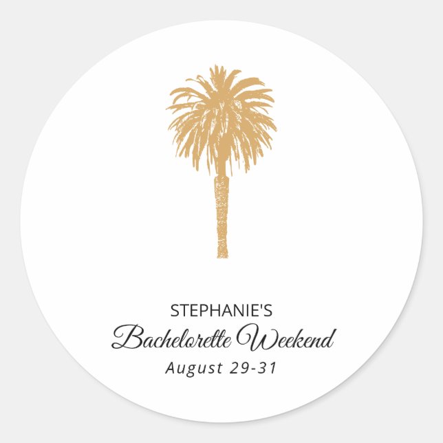 Tropical Beach Gold Palm Destination Bachelorette Classic Round Sticker (Front)