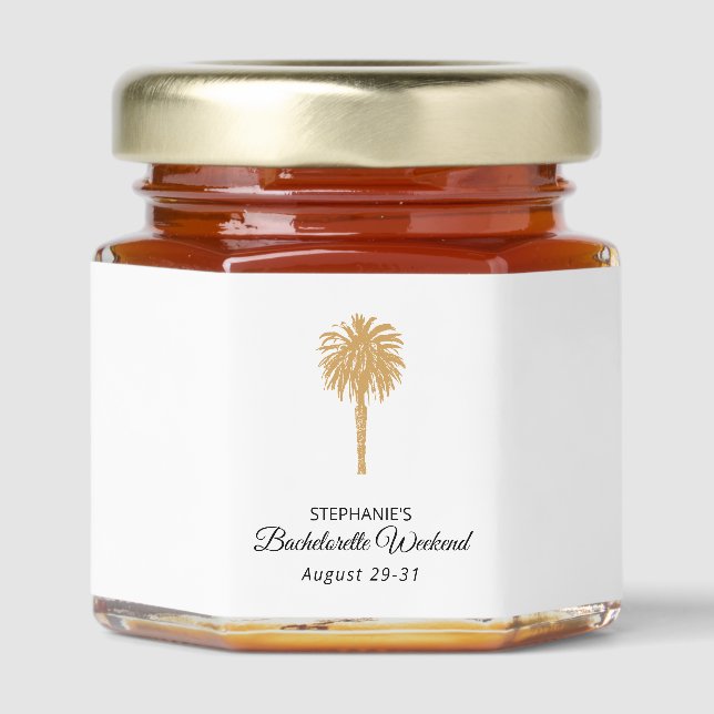 Tropical Beach Gold Palm Destination Bachelorette Honey Jar Favors (Front)